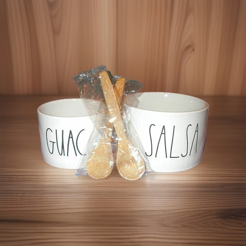 Rae Dunn Guac & Salsa Serving Set Bowls & Bamboo Spoons Pioneer Woman Taco Night